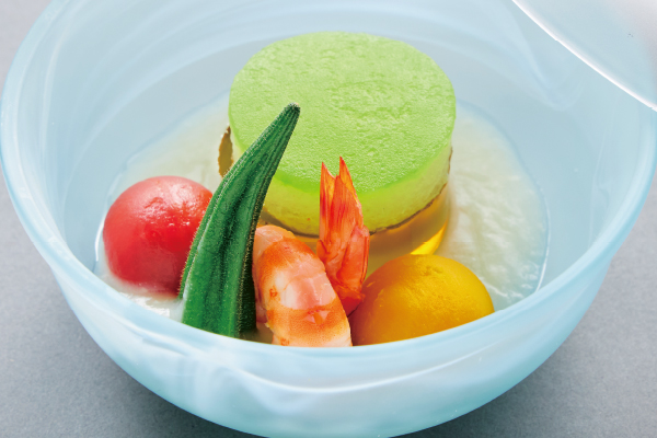 冷やし煮物「冬瓜スープ煮 才巻海老梅煮 琥珀寄せ 南京 ミニトマト オクラ 塩麹餡」