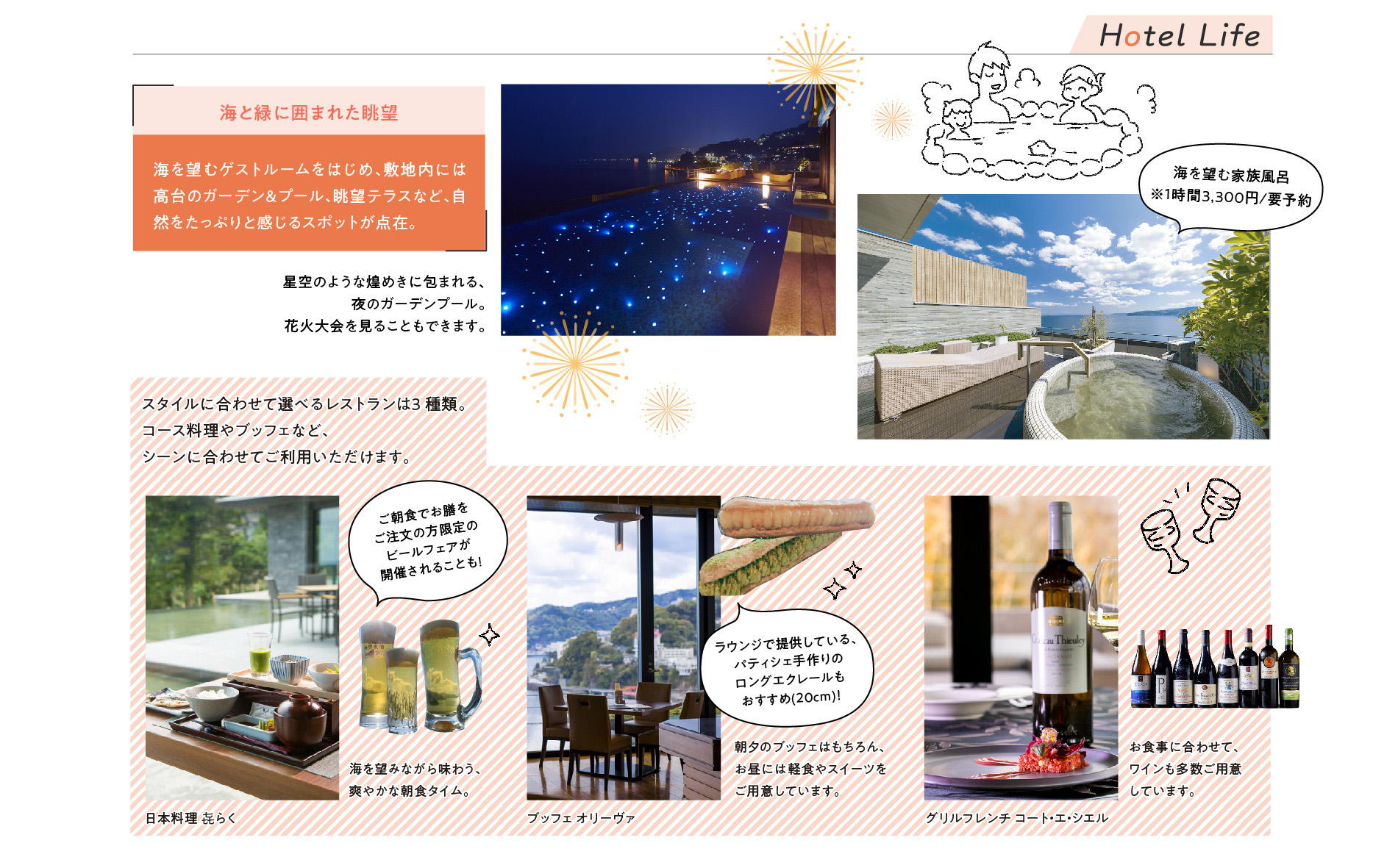 海と緑に囲まれた眺望。スタイルに合わせて選べるレストランは3種類。